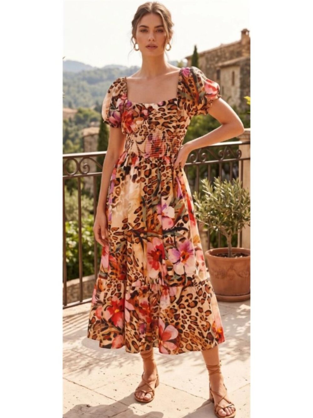 Multi Color Square Neck Puff Sleeve Midi Dress